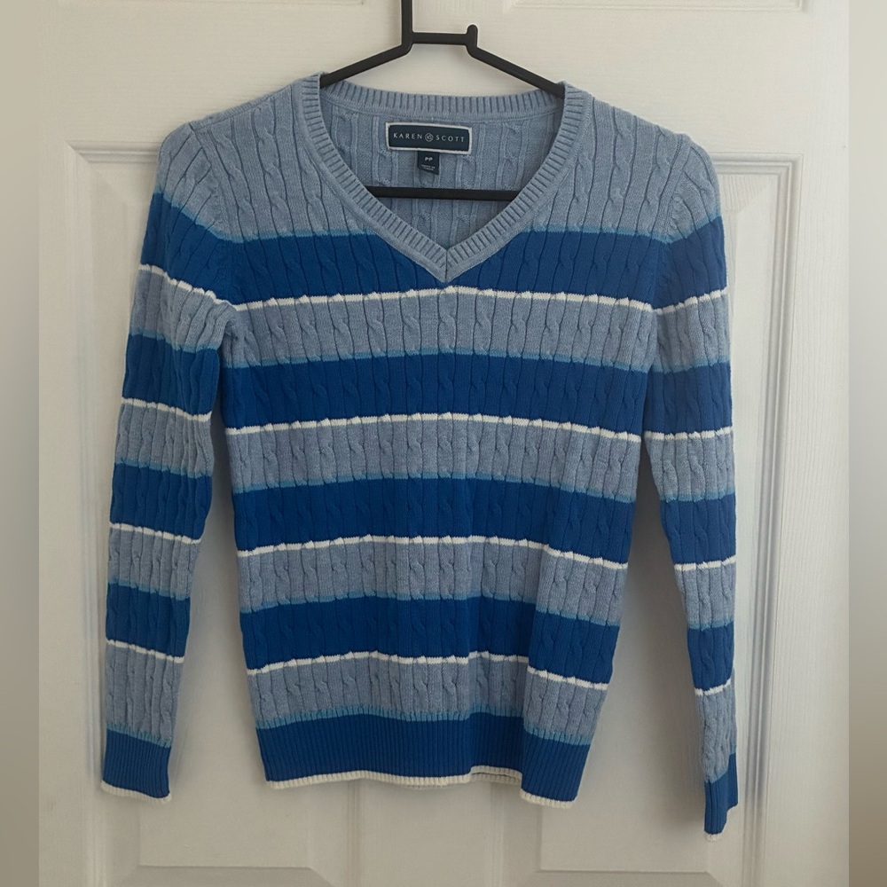 KAREN SCOTT blue and white striped v neck sweater